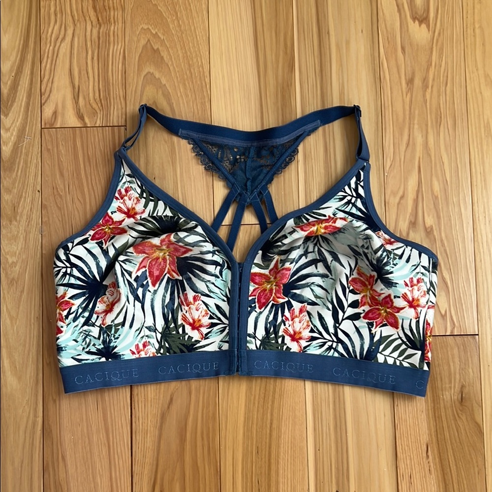 Cacique floral navy and White unlined full coverage no-wire Bra front close